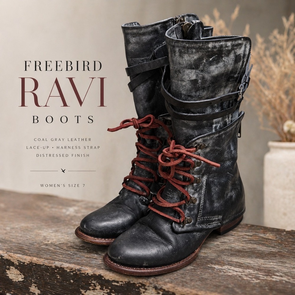 Freebird Ravi Boots Sz 7 Coal Gray Distressed Leather Lace Harness Combat Boho